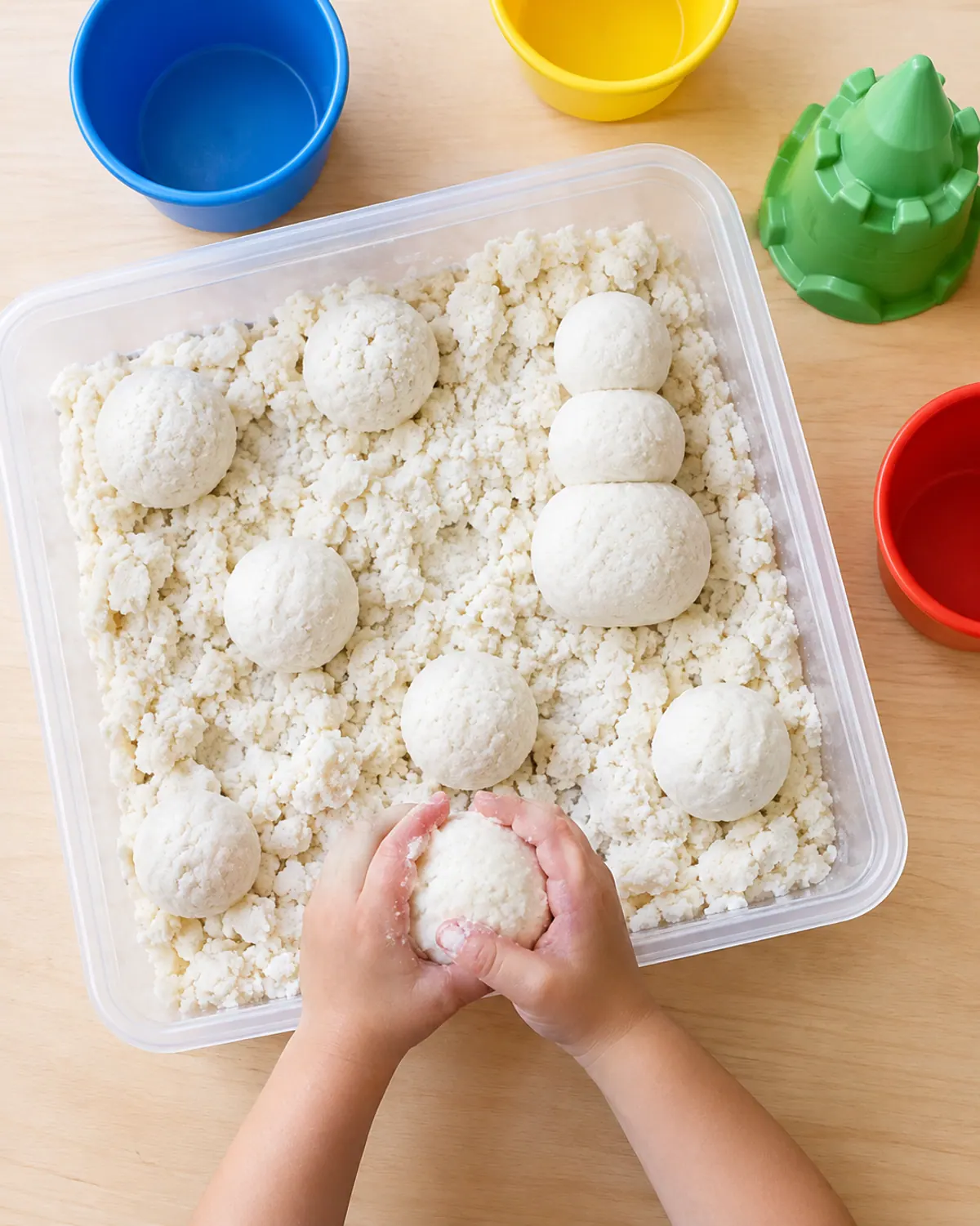 A bin of white cloud dough snow molded into small snowballs and a snowman shape with cups, a preschooler's hands packing a ball