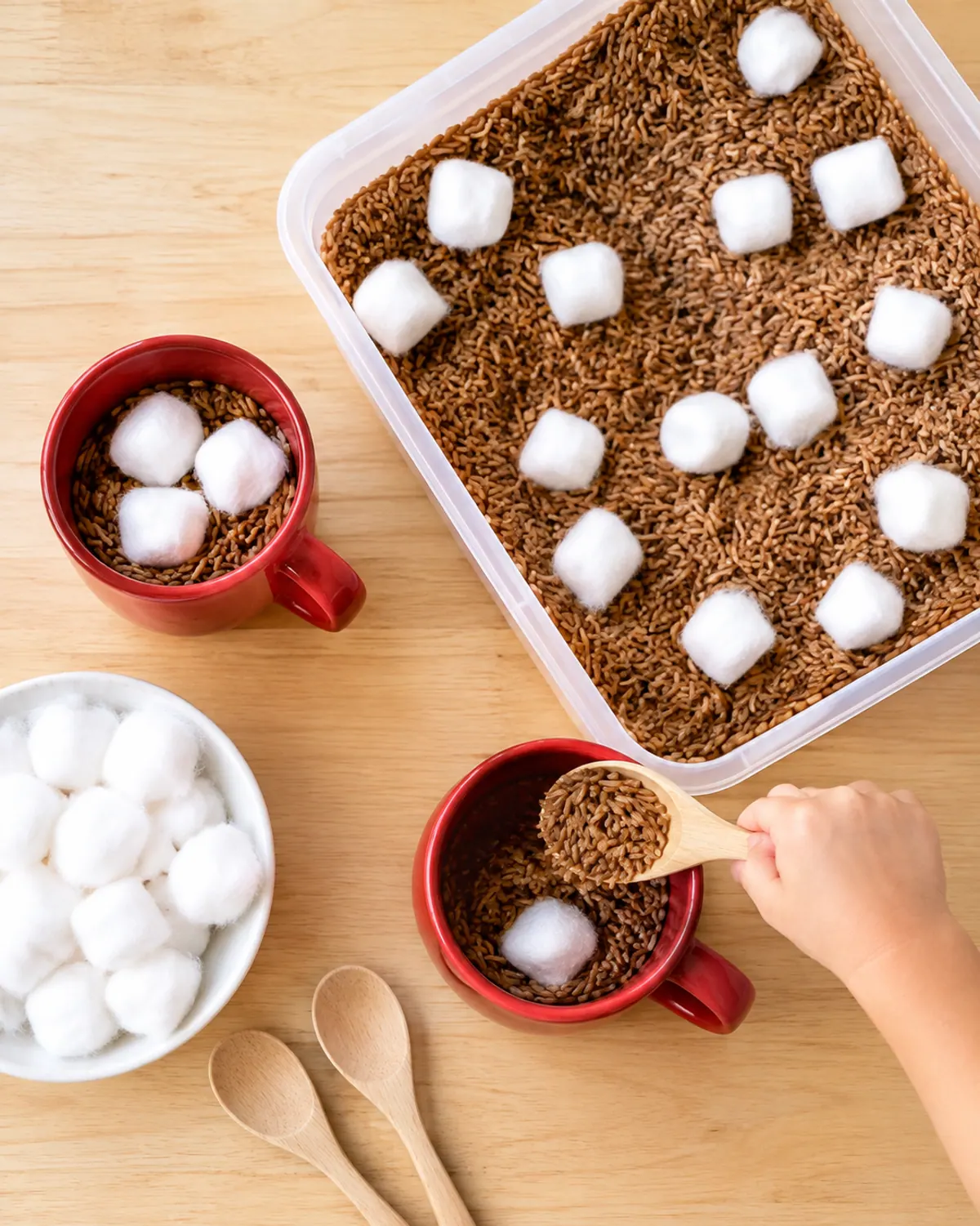 Pretend hot cocoa sensory bin with brown dyed rice, red mugs, wooden spoons and cotton ball marshmallows, a preschooler's hand scooping rice into a mug