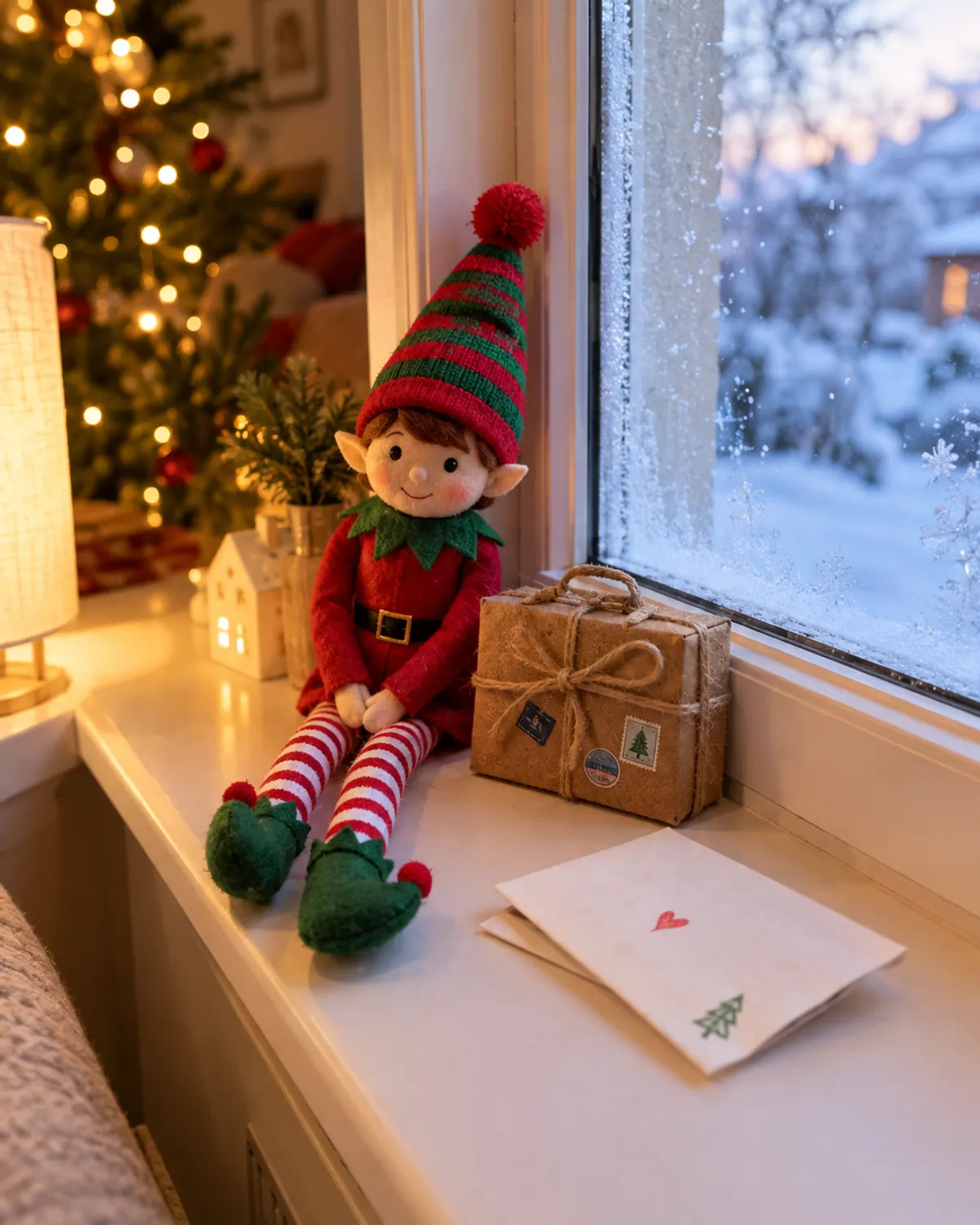 Farewell elf idea: a red felt elf on a snowy windowsill next to a tiny paper-wrapped suitcase tied with twine and a folded goodbye letter