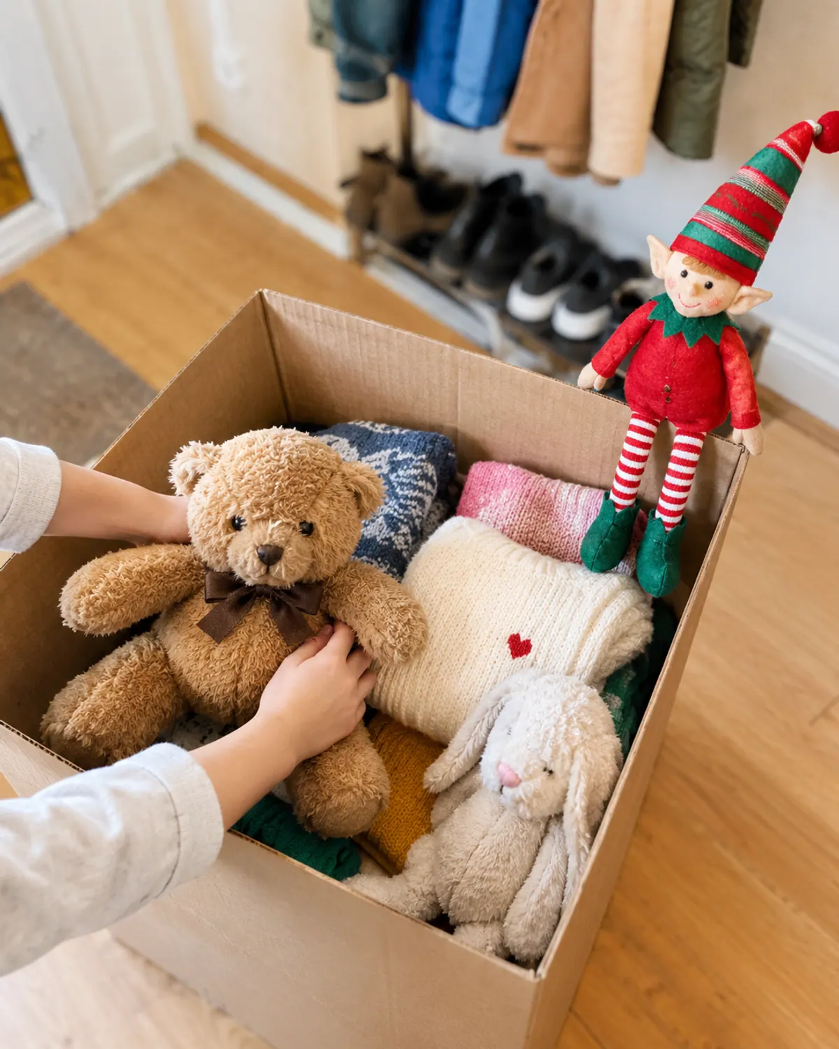 Kind elf idea: a felt elf sits on a donation box of folded kids' sweaters while small hands add a teddy bear