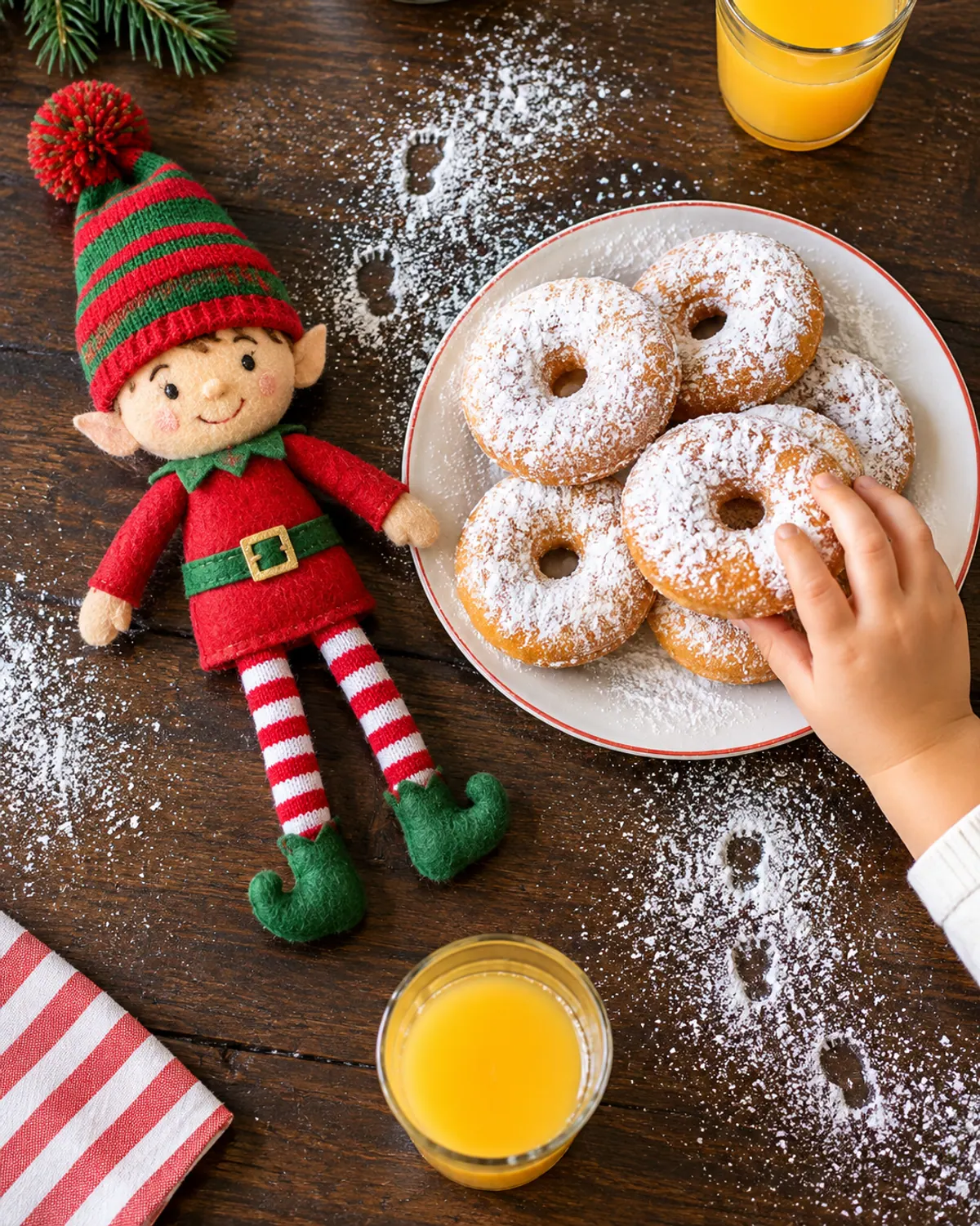 Overhead view of a red felt elf beside powdered sugar donuts, with powdered sugar snow and tiny footprints on the table and a small hand reaching for a donut