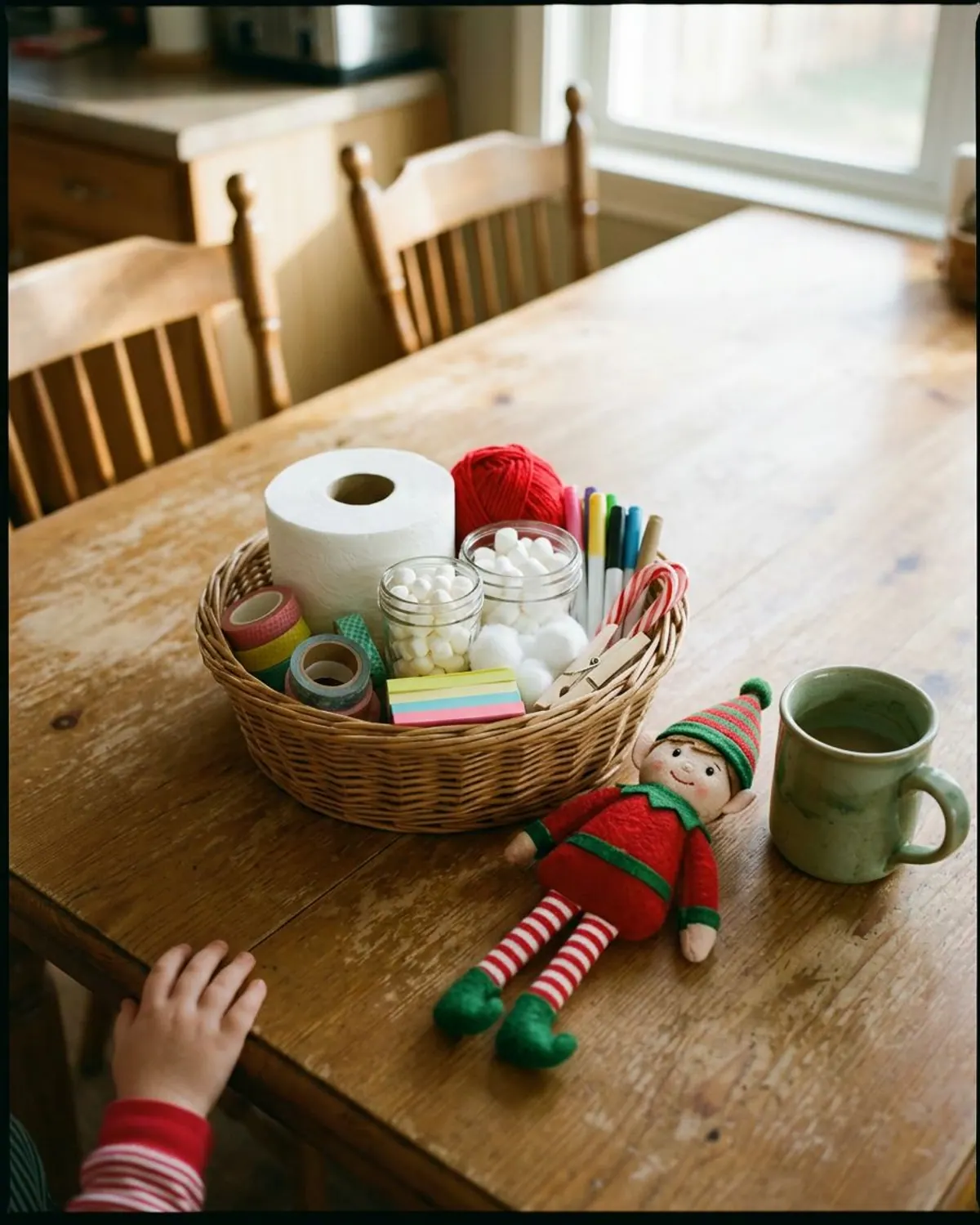 Elf kit supplies on a wood table: toilet paper, red yarn, washi tape, mini marshmallows, cotton balls, sticky notes, markers, candy canes and clothespins next to a red felt elf doll