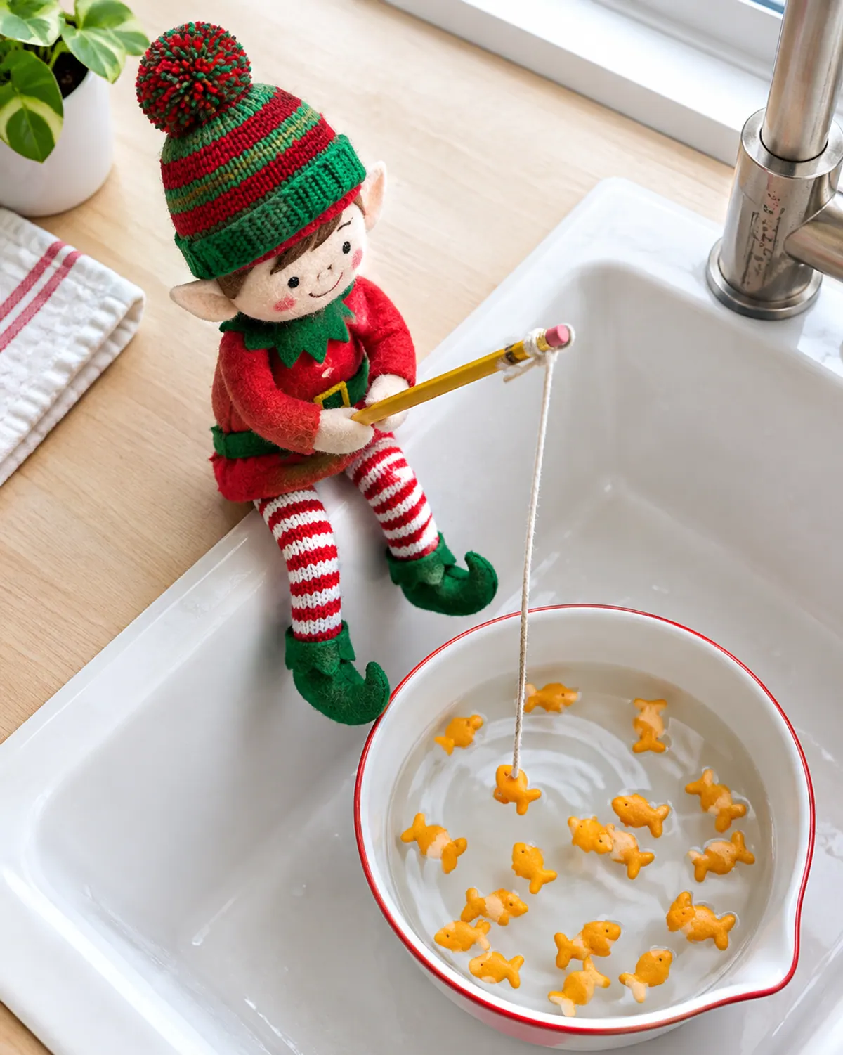 Red felt elf on the edge of a kitchen sink holding a pencil fishing rod over a bowl of water with floating fish-shaped crackers