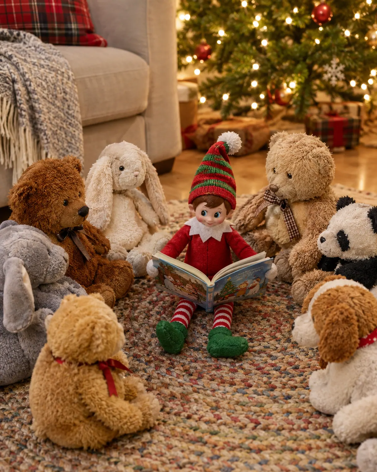 Red felt elf holding an open picture book on a rug, reading to a half circle of teddy bears and stuffed animals near Christmas lights