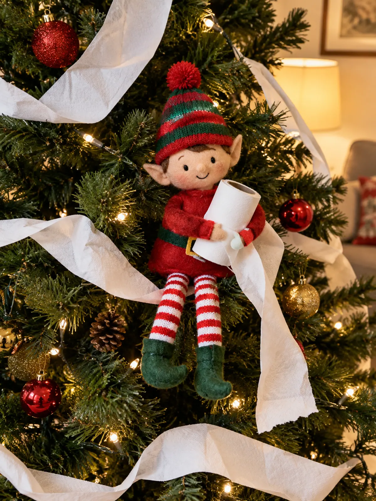 Funny elf on the shelf idea: a red felt elf sits in a Christmas tree draped with toilet paper strands, holding a half-used roll