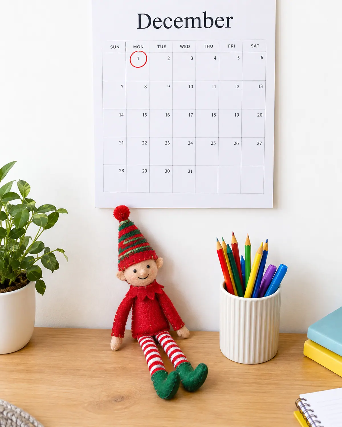 A paper wall calendar showing December with the first day circled in red marker, a red felt elf doll sitting on the desk below it