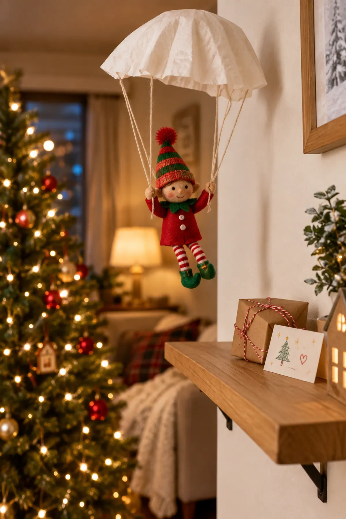 Elf on the shelf arrival ideas: a red felt elf doll floats down to a living room shelf under a paper coffee filter parachute, a welcome note and wrapped box waiting below