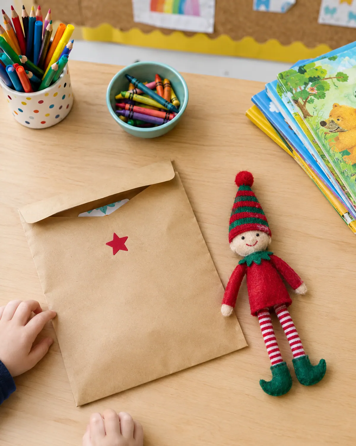 A red felt elf doll peeking out of a large kraft envelope with a red stamp on a classroom teacher's desk with crayons and a pencil cup