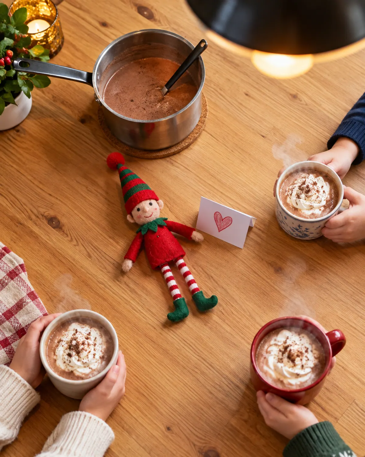 Cozy elf arrival idea: mugs of hot cocoa on a family kitchen table at night with a red felt elf doll beside a small paper welcome sign