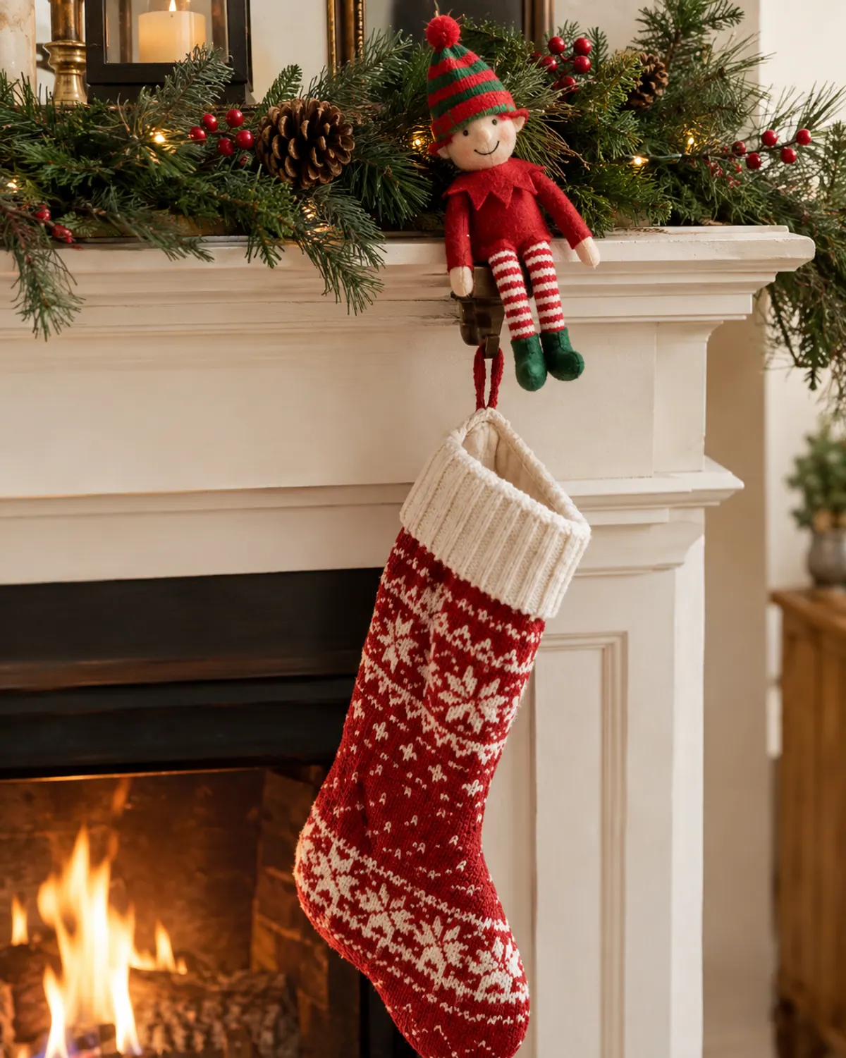 A red felt elf doll peeking out of a knit Christmas stocking hung on a fireplace mantel with greenery