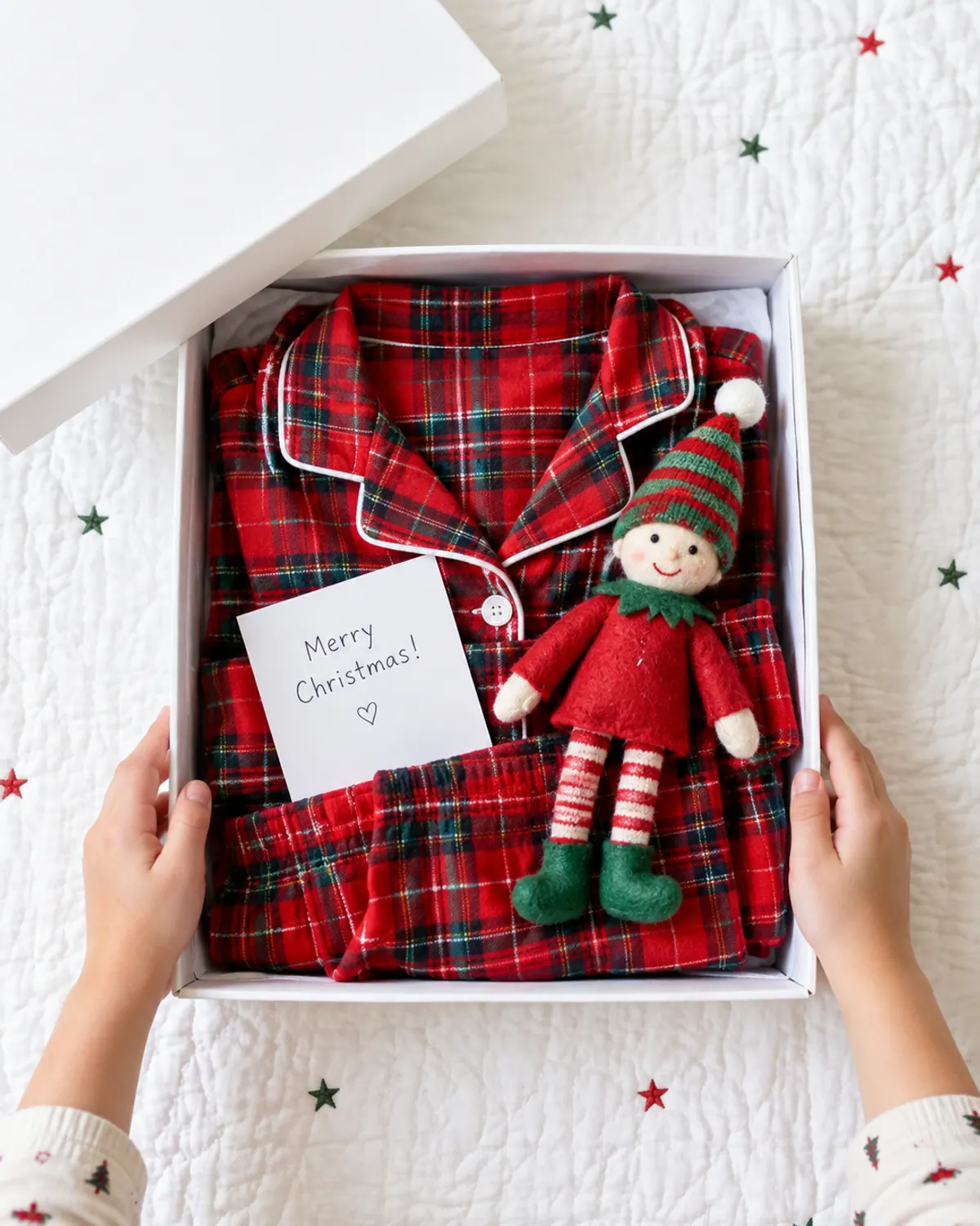 Overhead view of an open gift box with folded red plaid kids' pajamas, a handwritten note and a felt elf doll sitting on top, on a light wood bed