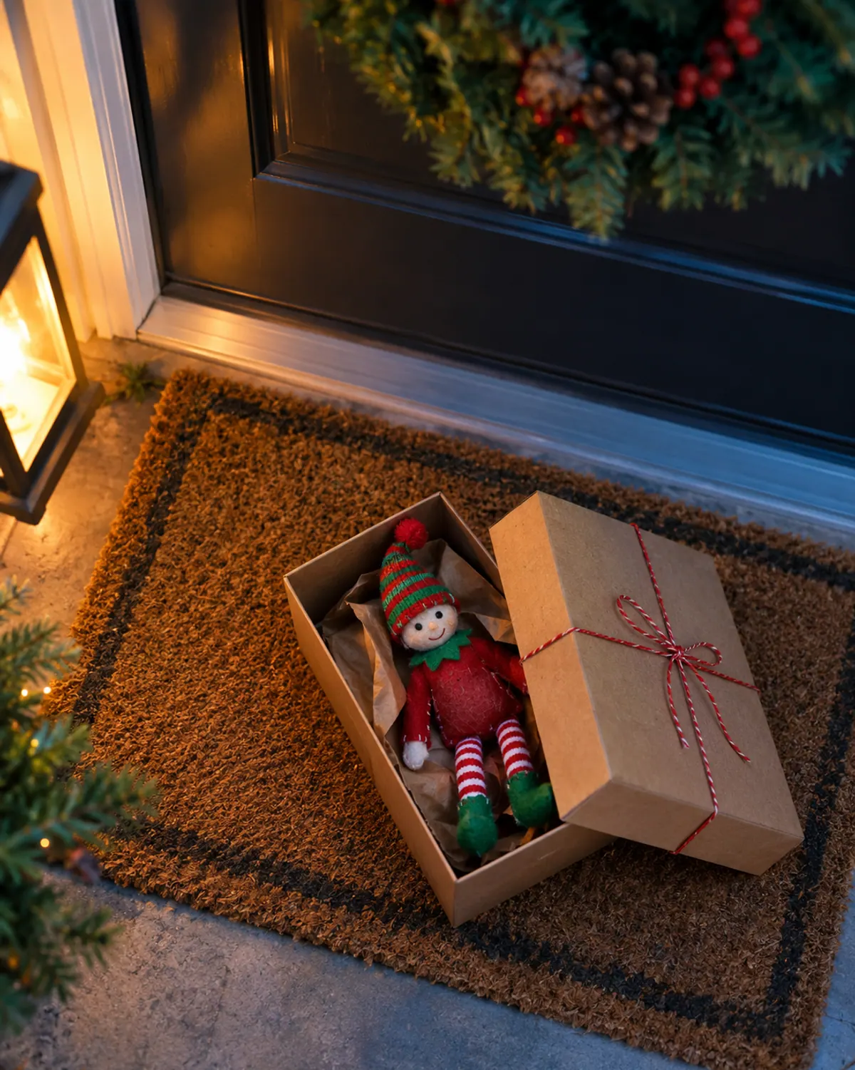 A brown kraft box tied with red twine on a front porch doormat at dusk, a red felt elf doll peeking out of the open lid, porch light glowing