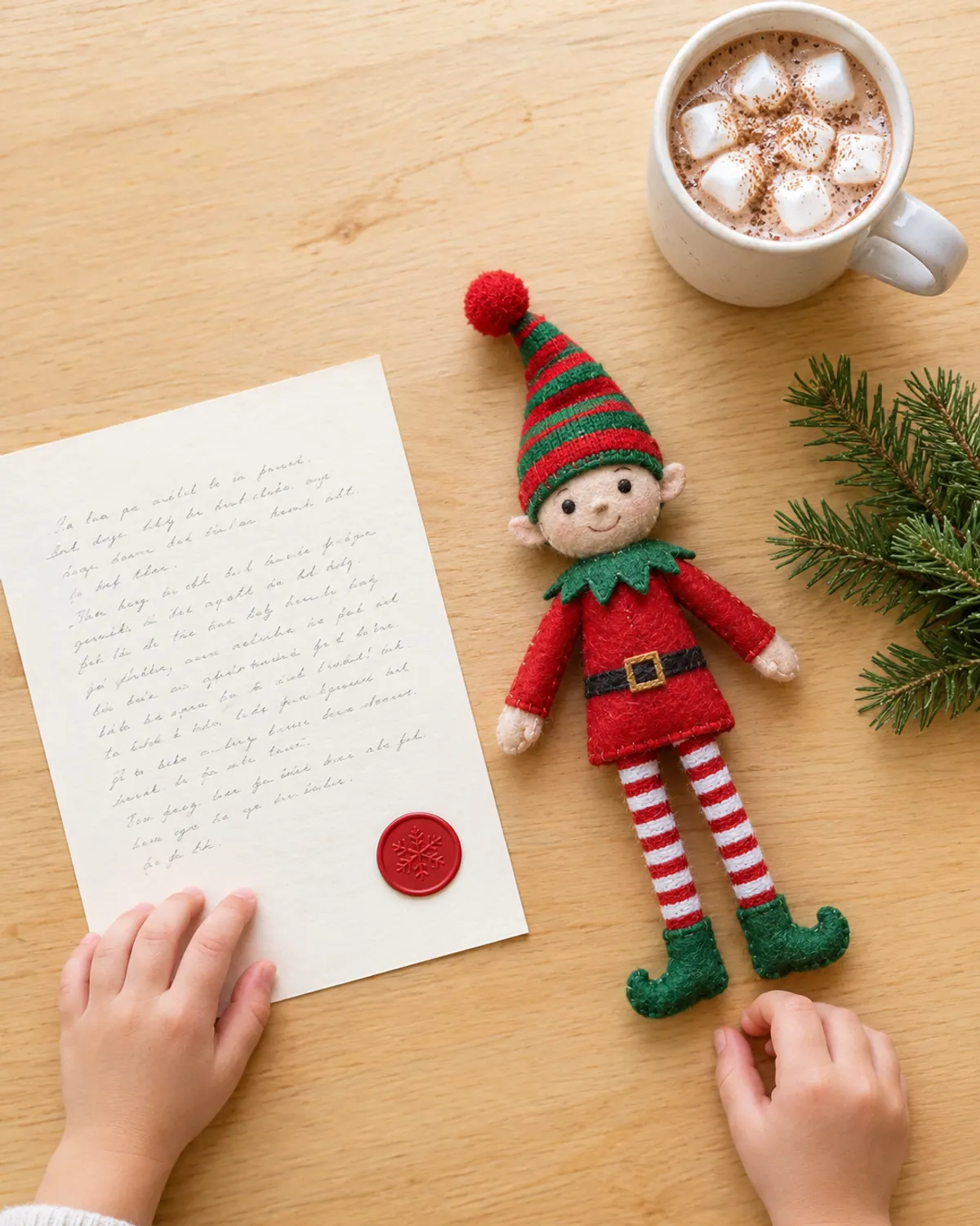 A handwritten elf welcome letter on cream paper with a red wax-style sticker, beside a felt elf doll and a mug on a wood table
