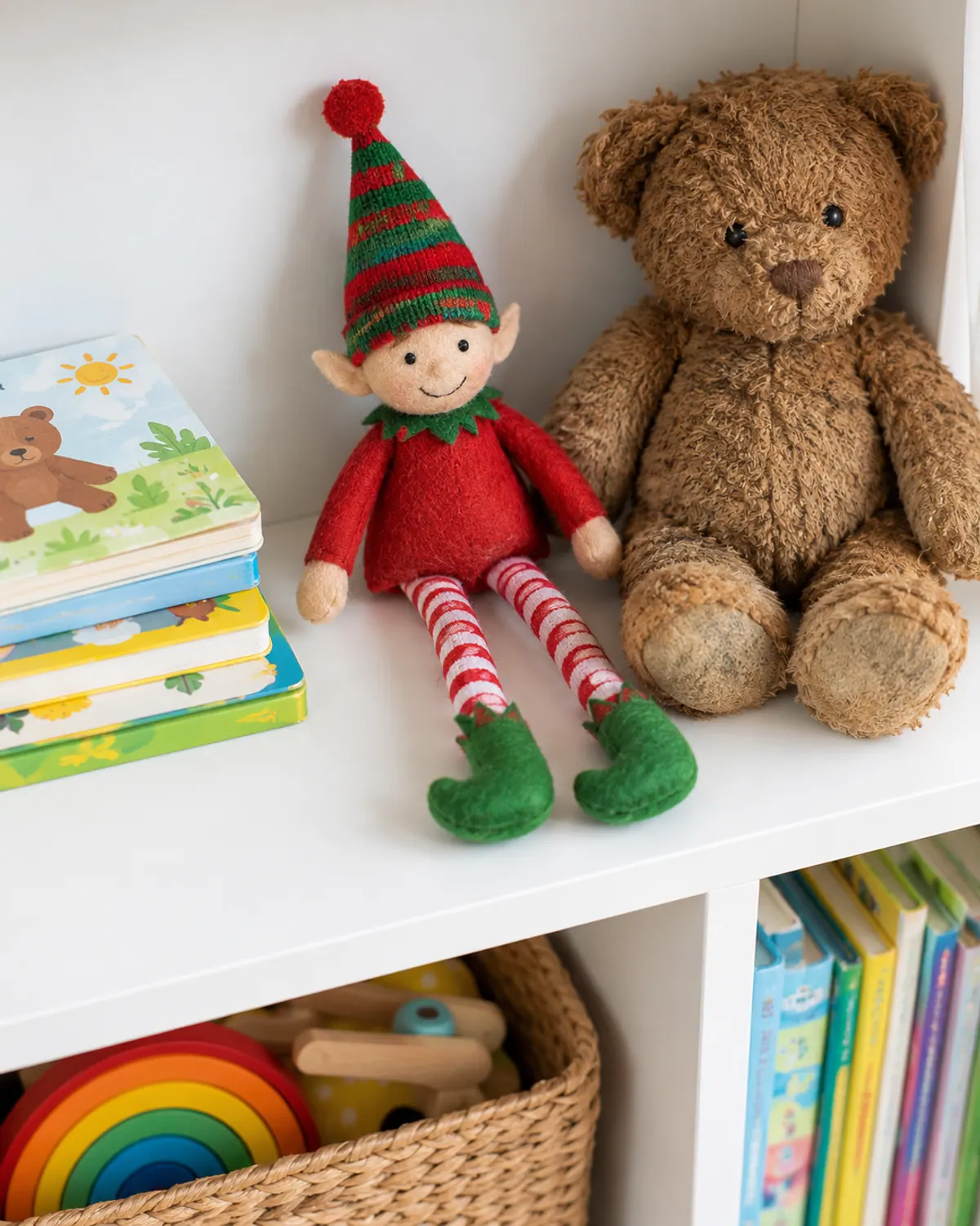 Toddler-friendly elf arrival: a felt elf doll sitting next to a well-loved brown teddy bear on a high nursery shelf in soft daylight