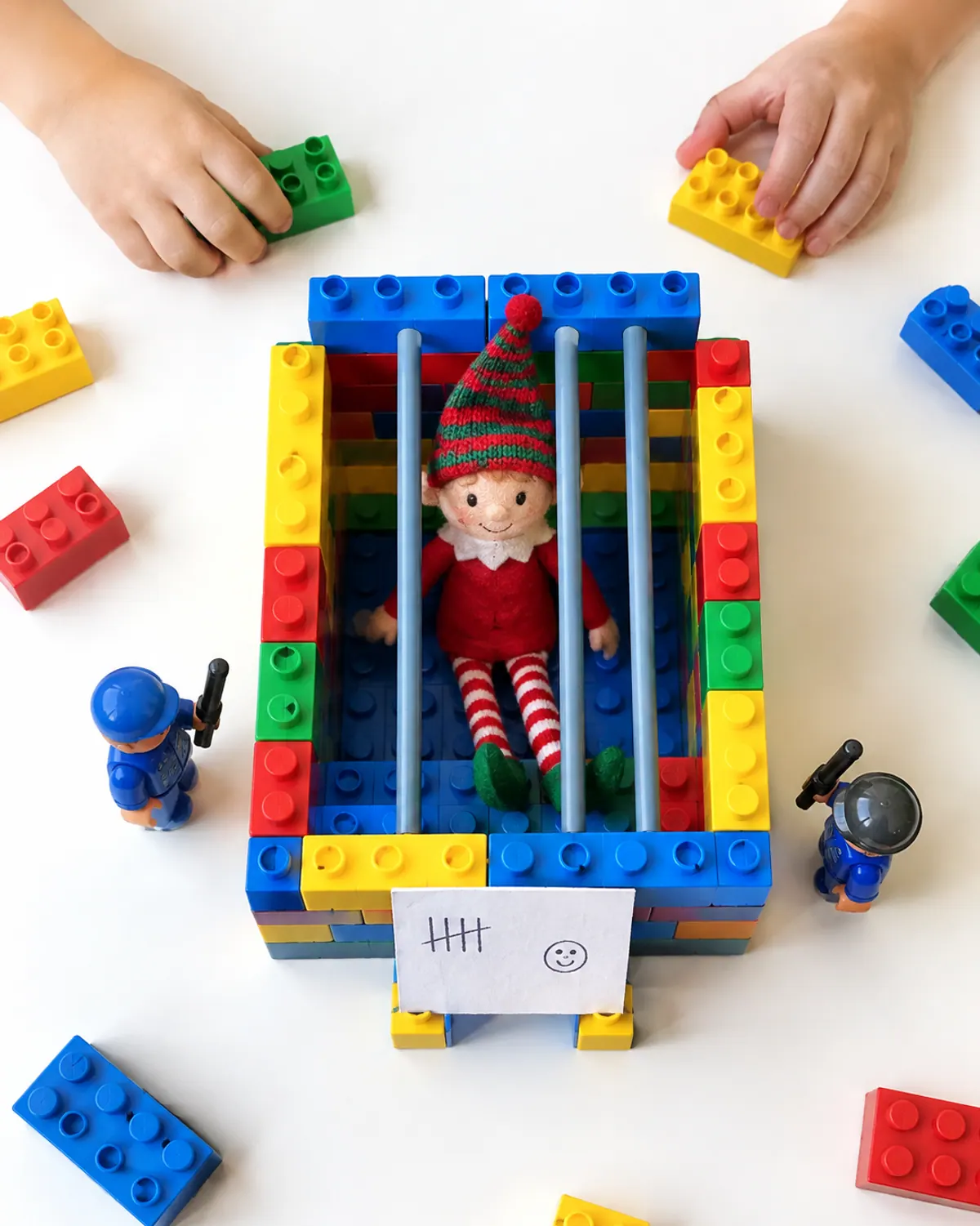 A red felt elf doll sitting inside a jail built from colorful plastic building bricks on a kids' play table