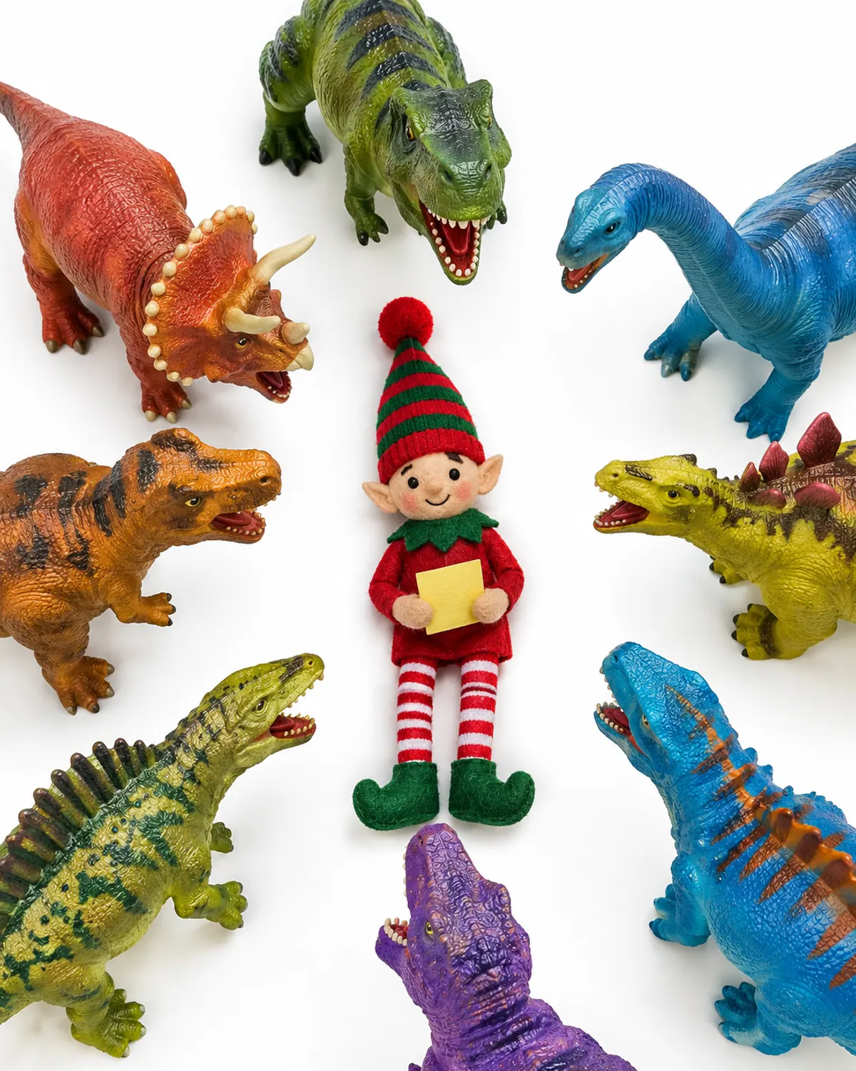 A red felt elf doll on a rug surrounded by a circle of plastic toy dinosaurs, holding a small sticky note