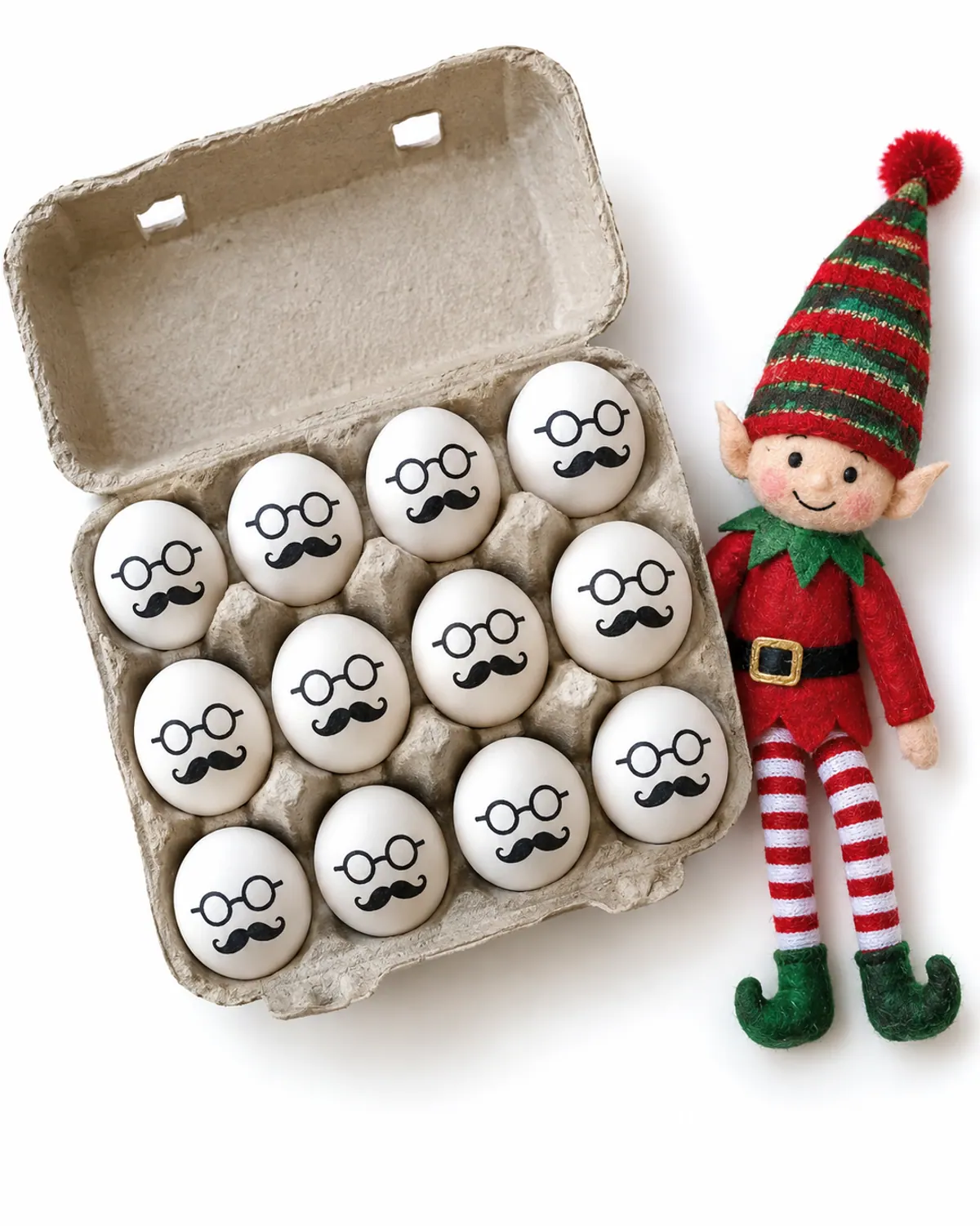Egg carton of white eggs with drawn-on mustaches and round glasses, a red felt elf doll sitting beside the carton on a kitchen counter