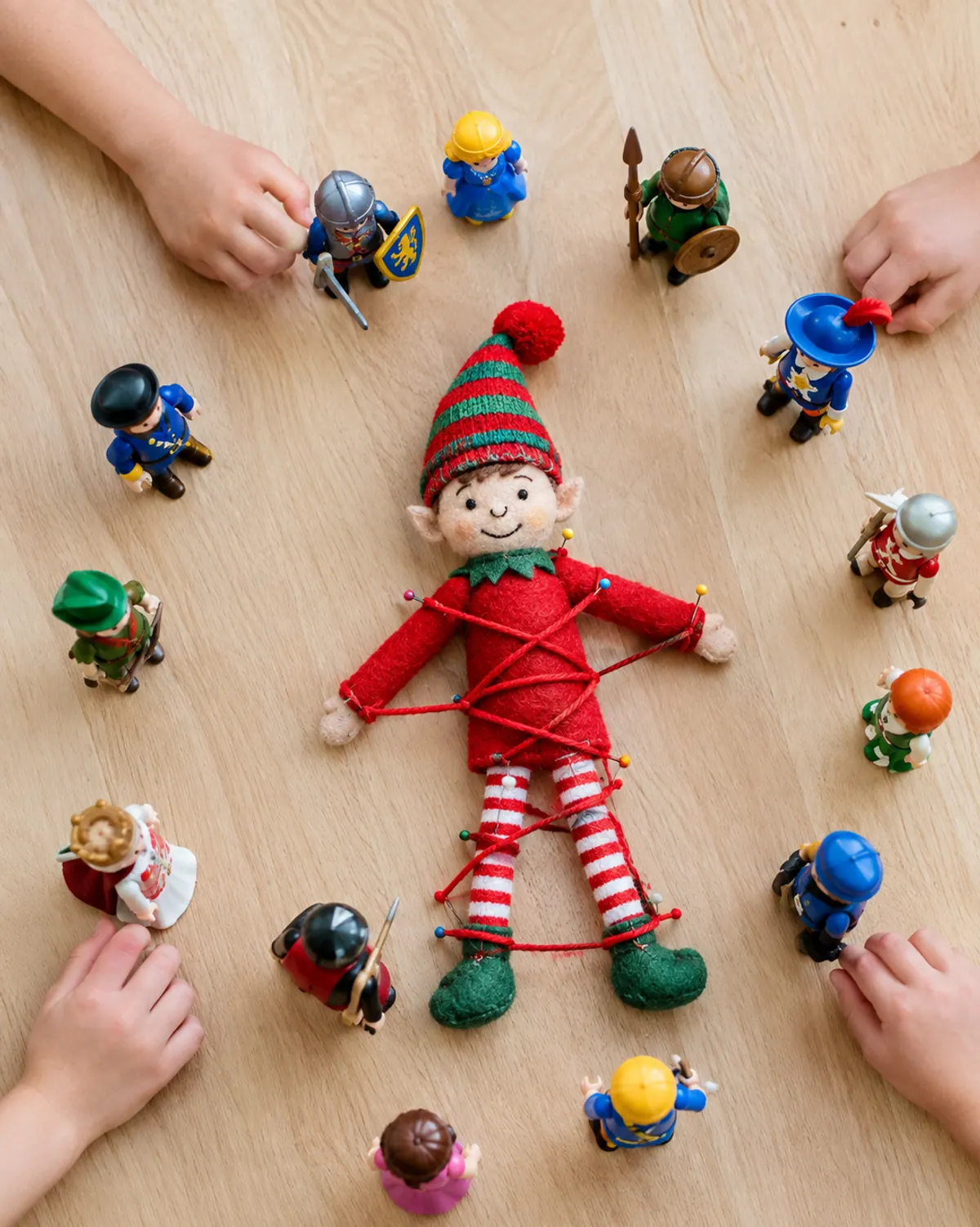 Funny elf on the shelf prank: a felt elf doll lying on a wood floor, loosely tied down with red yarn while small toy dolls stand around it