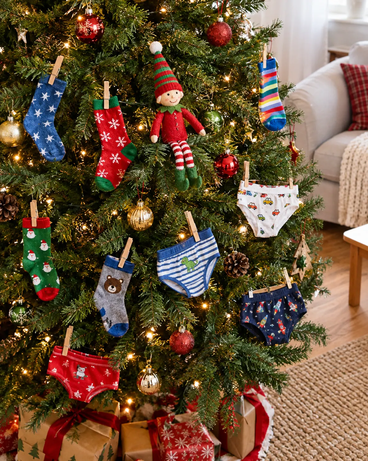 Hilarious elf idea: a Christmas tree with colorful kids' socks and underwear clipped on its branches like ornaments, a felt elf doll sitting among them