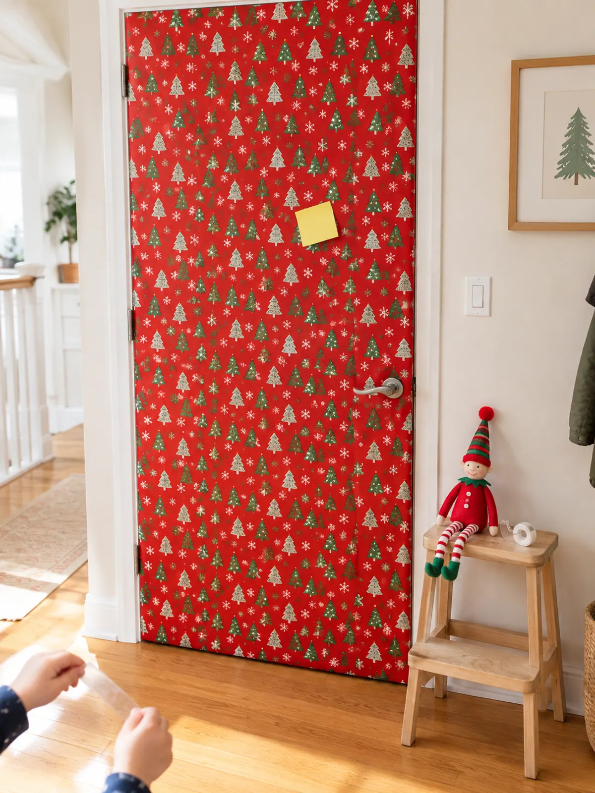 A child's bedroom door covered in red and green wrapping paper, with a red felt elf doll sitting on a stool beside it holding a tape roll