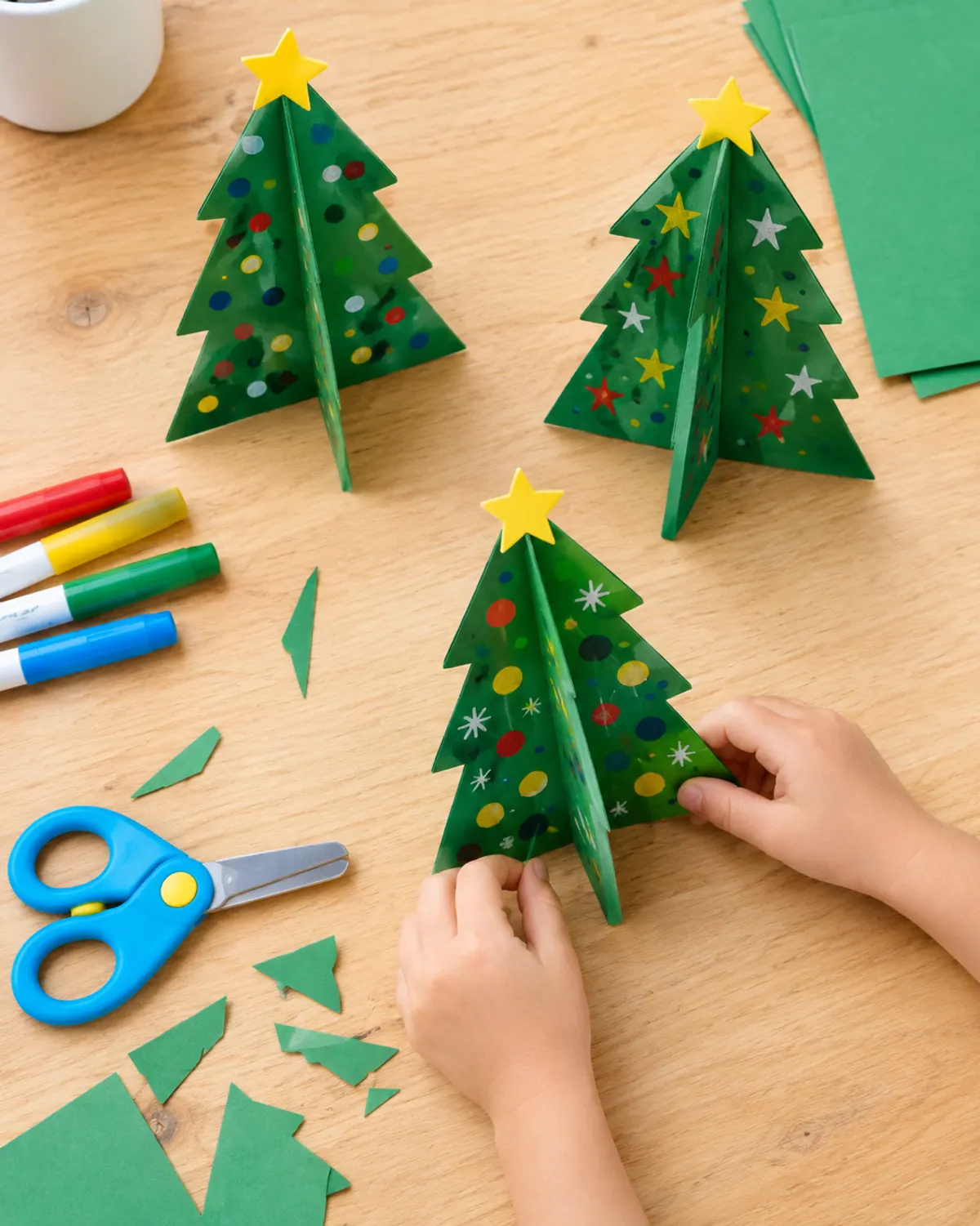 Standing 3D paper Christmas trees made of slotted green cardstock with marker ornaments on a wood table