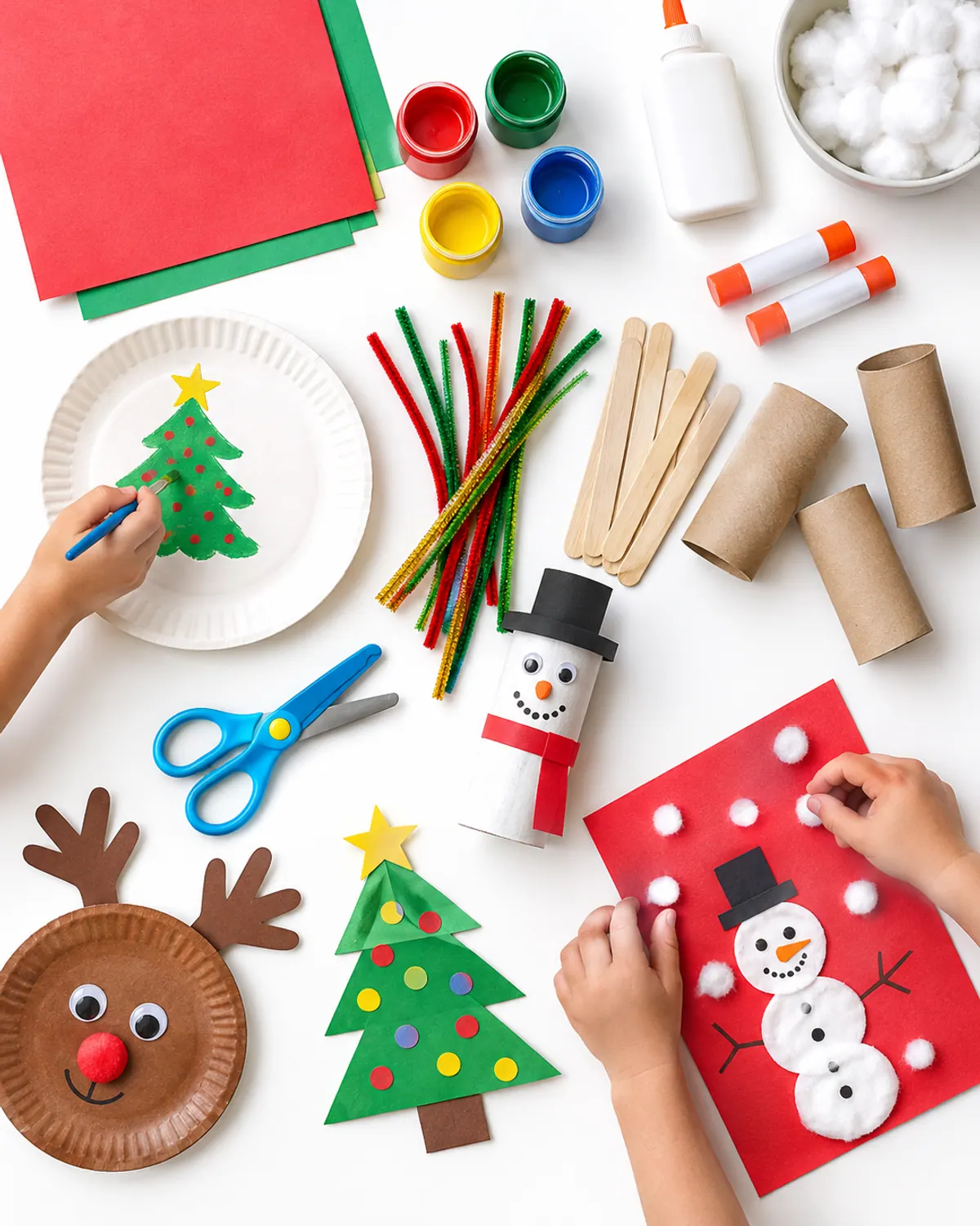 Christmas craft supplies for kids on a wood table: paper plates, green and red construction paper, washable paint, glue sticks, pipe cleaners, craft sticks, cotton balls and child-safety scissors