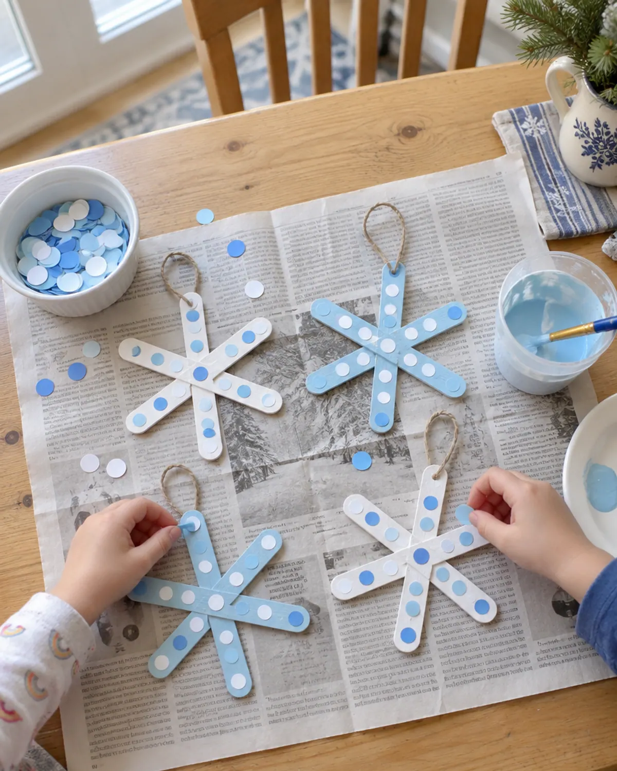 Craft stick snowflake ornaments painted white and blue with paper dot decorations, drying on a sheet of newspaper