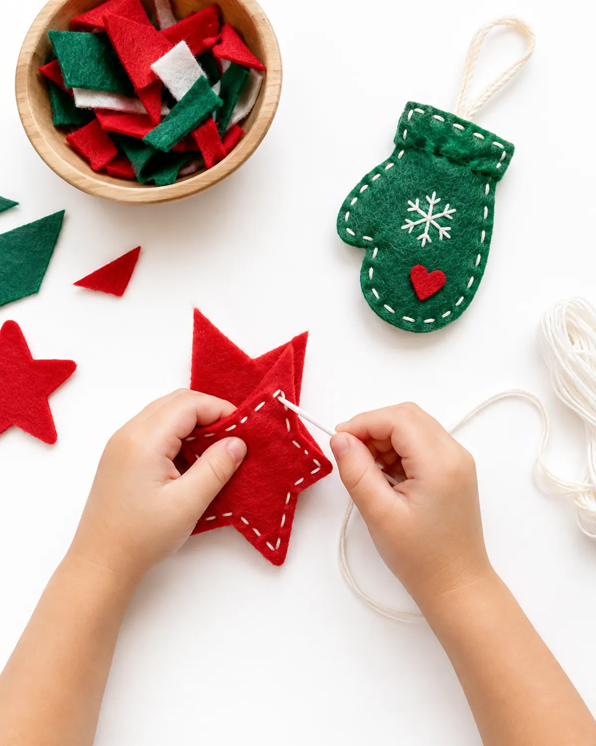 An 8 year old's hands sewing a red felt star ornament with a plastic needle and white floss on a light wood table