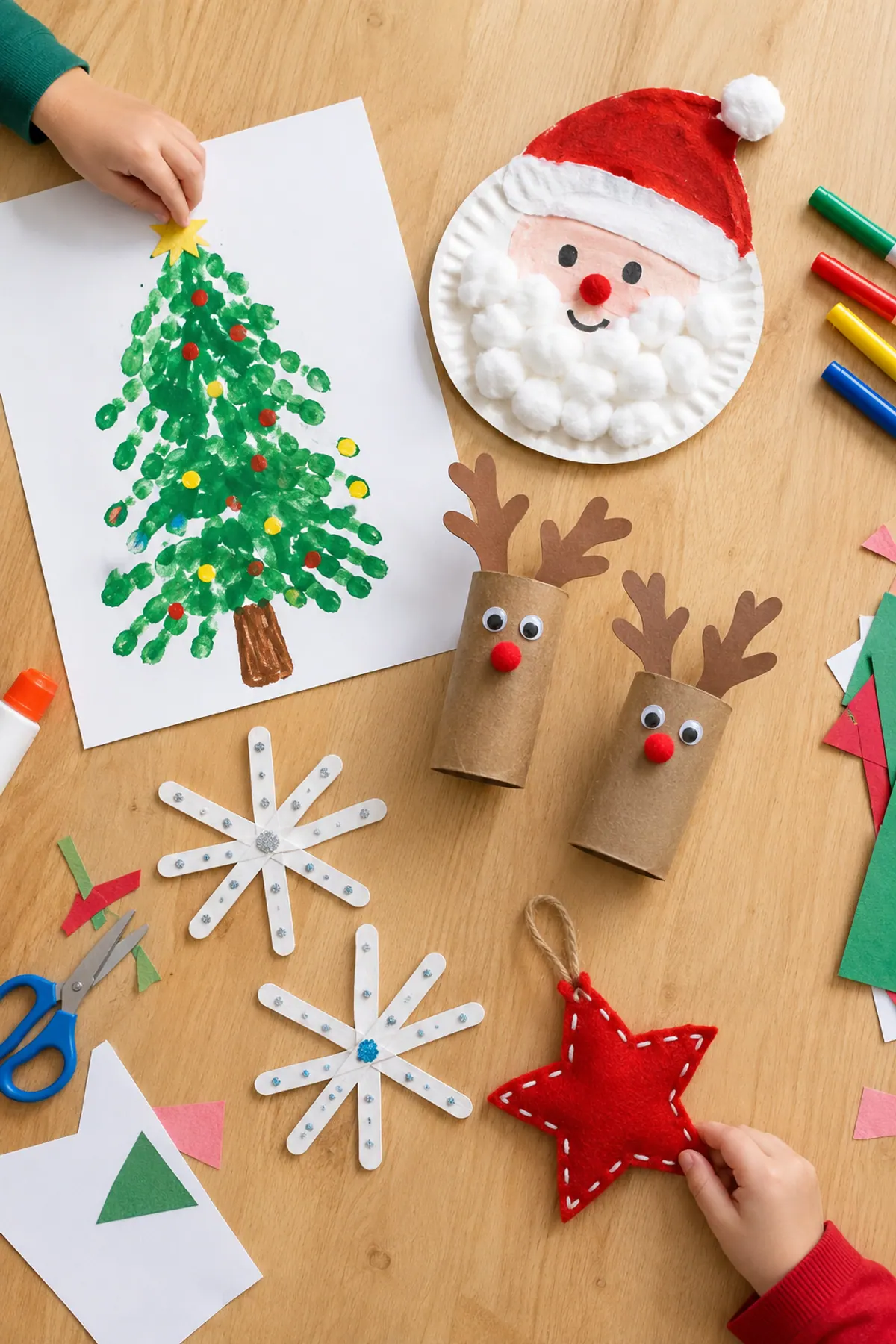 Kids Christmas crafts on a light wood table: a handprint Christmas tree, a paper plate Santa, toilet paper roll reindeer, popsicle stick snowflakes and a felt ornament