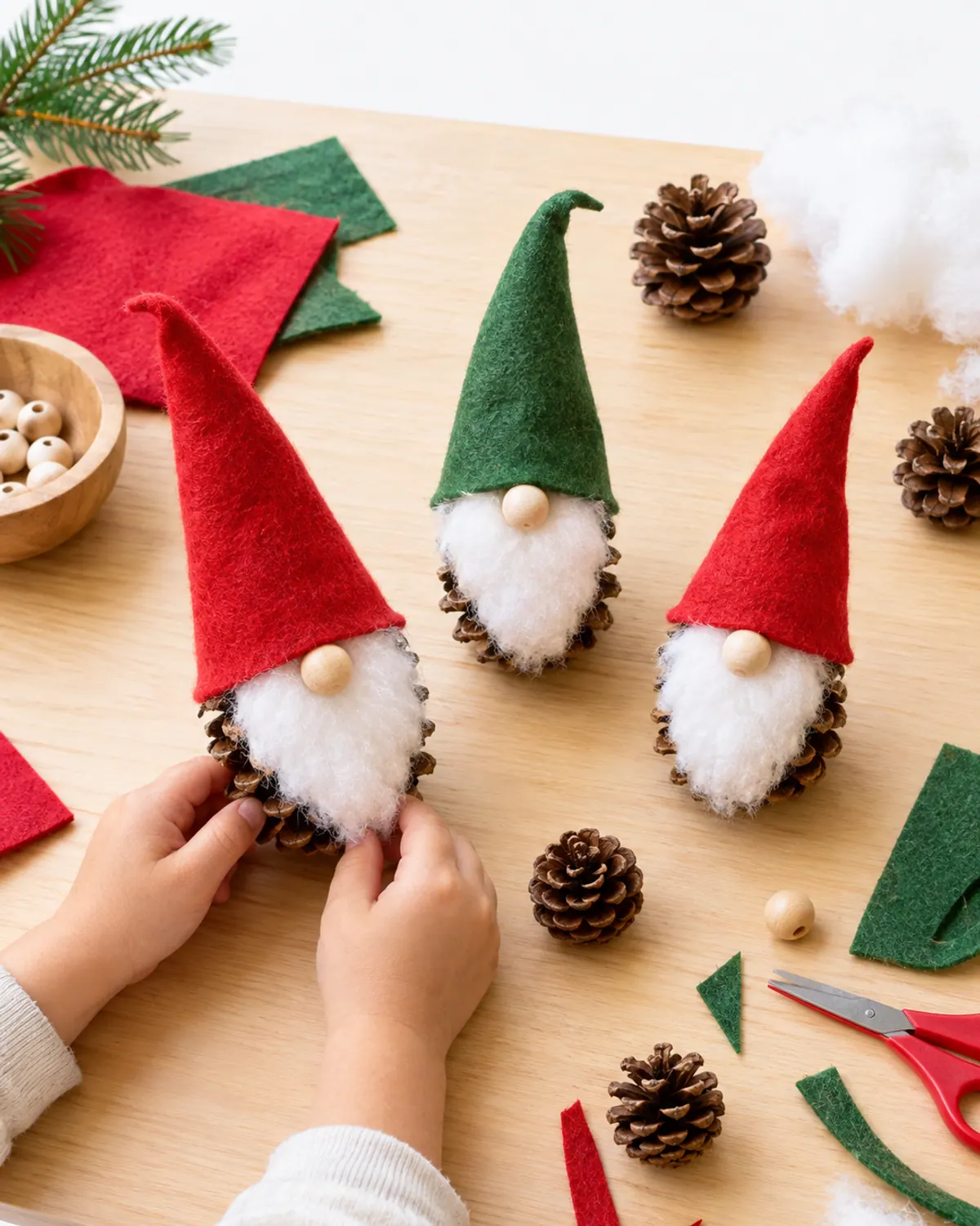Christmas crafts for kids to make: three pinecone gnomes with red felt cone hats and white cotton beards on a wood table