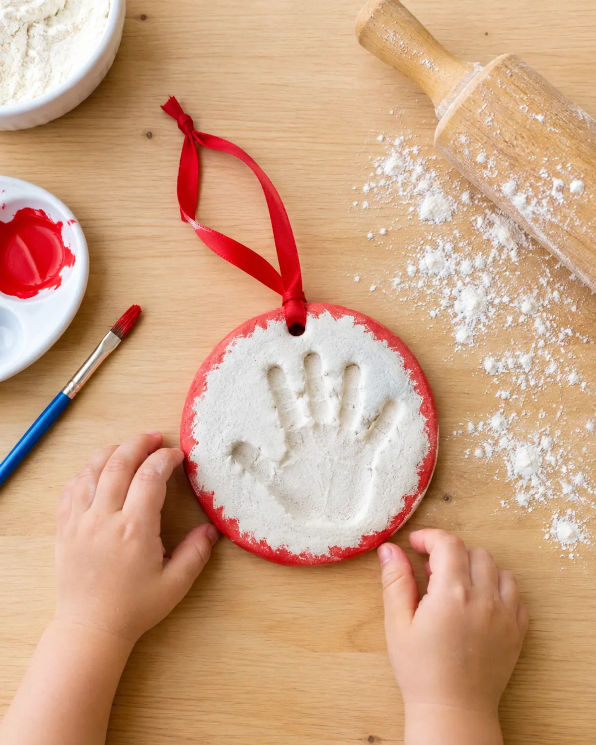 A round salt dough handprint ornament with a small toddler handprint pressed in, a red ribbon through the hole, on a light wood table