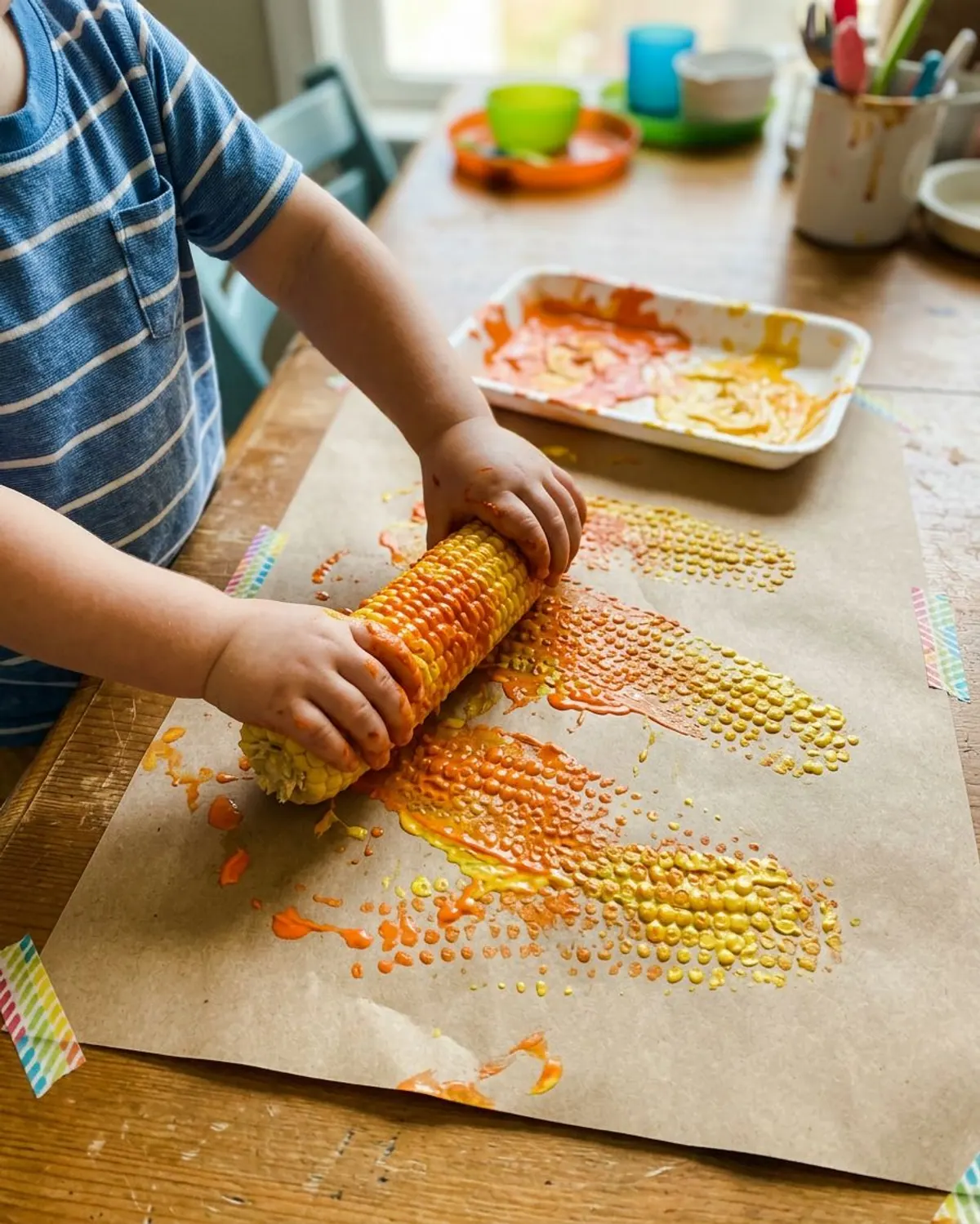 Toddler hands rolling a paint-covered corn cob across paper, making bumpy orange and yellow prints