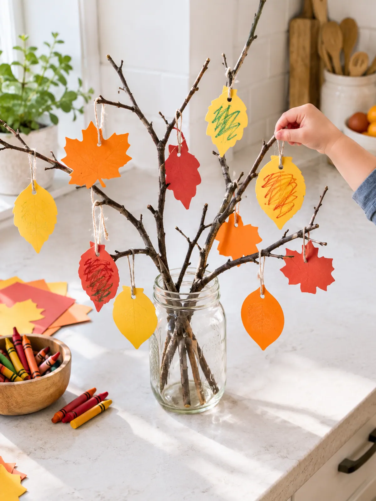 Gratitude tree craft with bare twigs in a mason jar and orange, red and yellow paper leaves, a small hand hanging one more leaf
