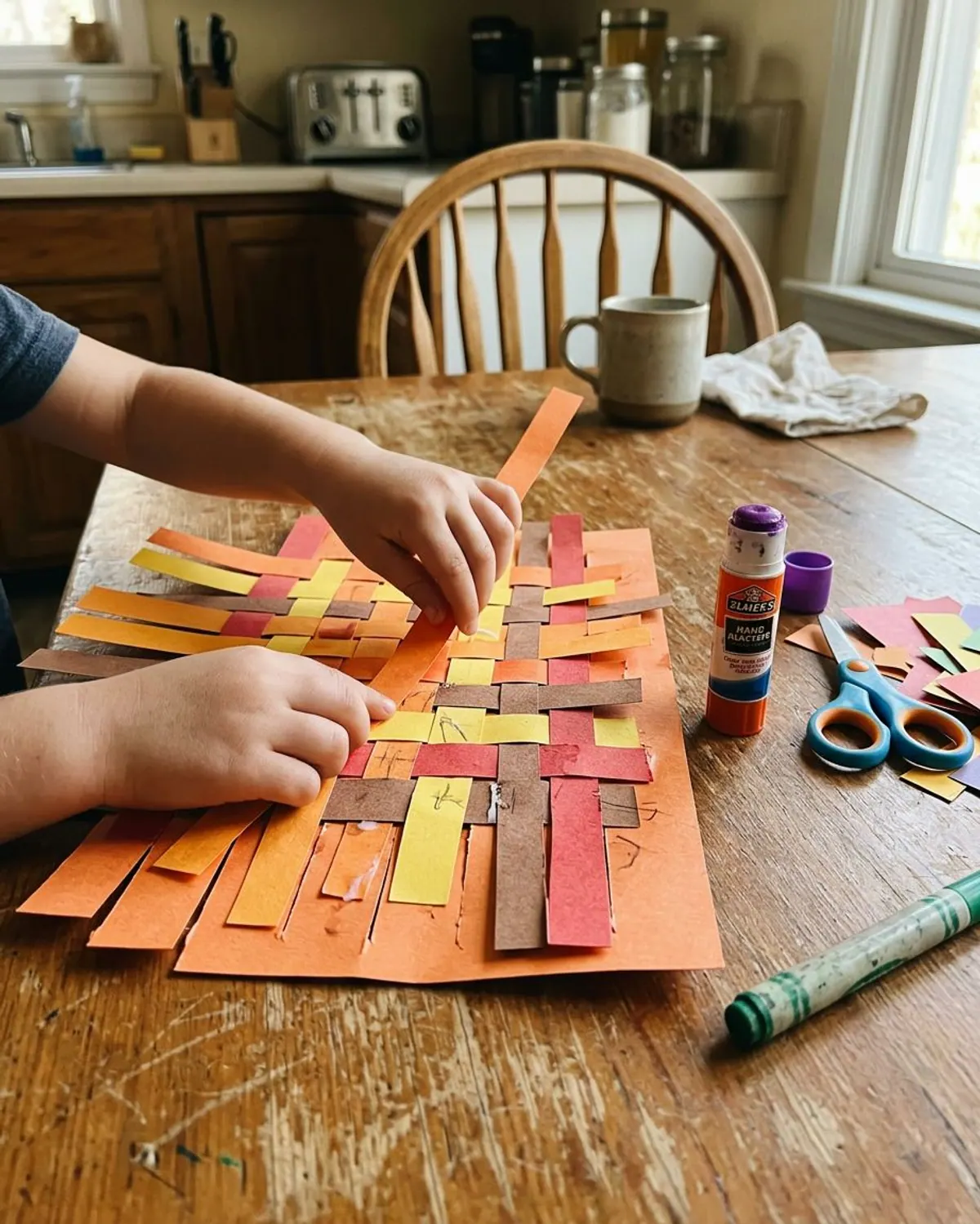 Kid-made paper weaving placemat in orange, brown, yellow and red strips under a plate and fork on a Thanksgiving table
