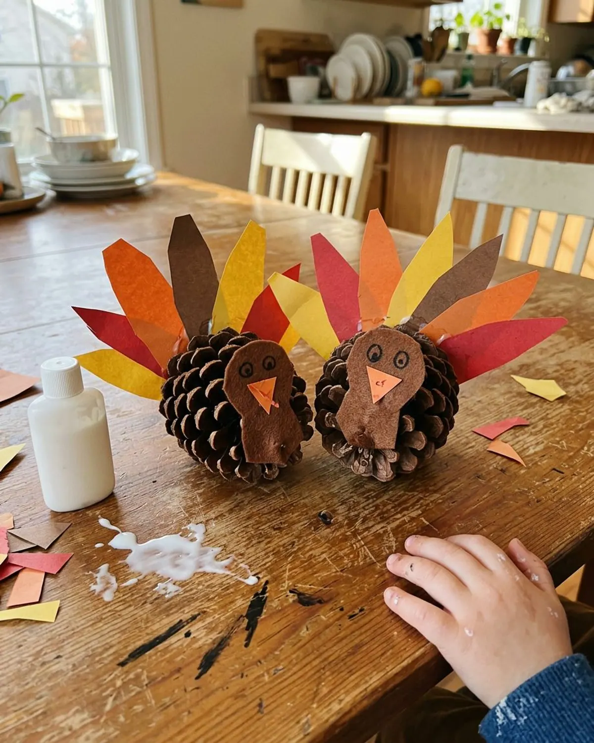 Two pinecone turkey crafts with fanned construction paper feathers and felt heads on a sunny windowsill