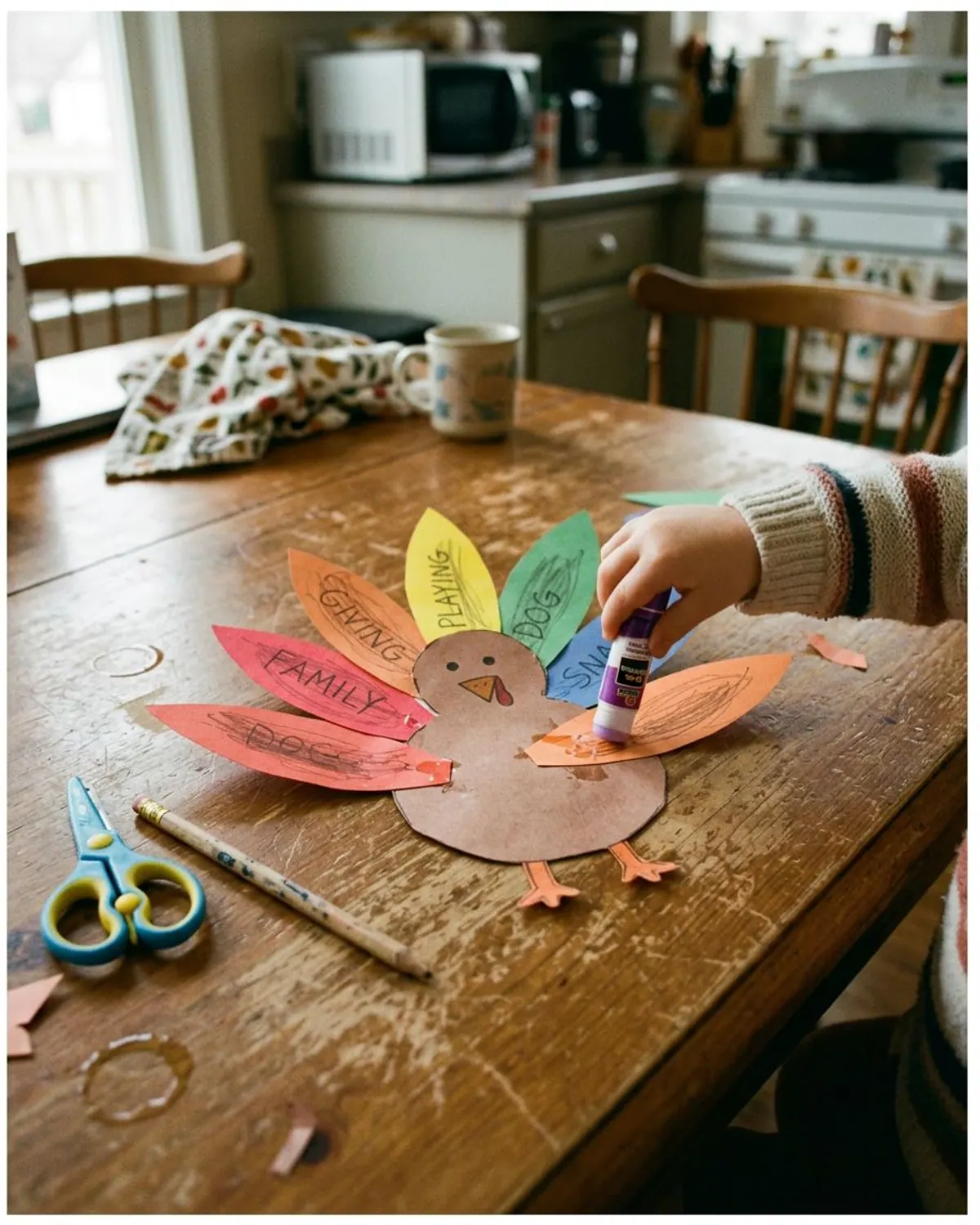 Thankful turkey craft for big kids with a brown paper body and big fall-colored paper feathers, an older child's hand adding a feather