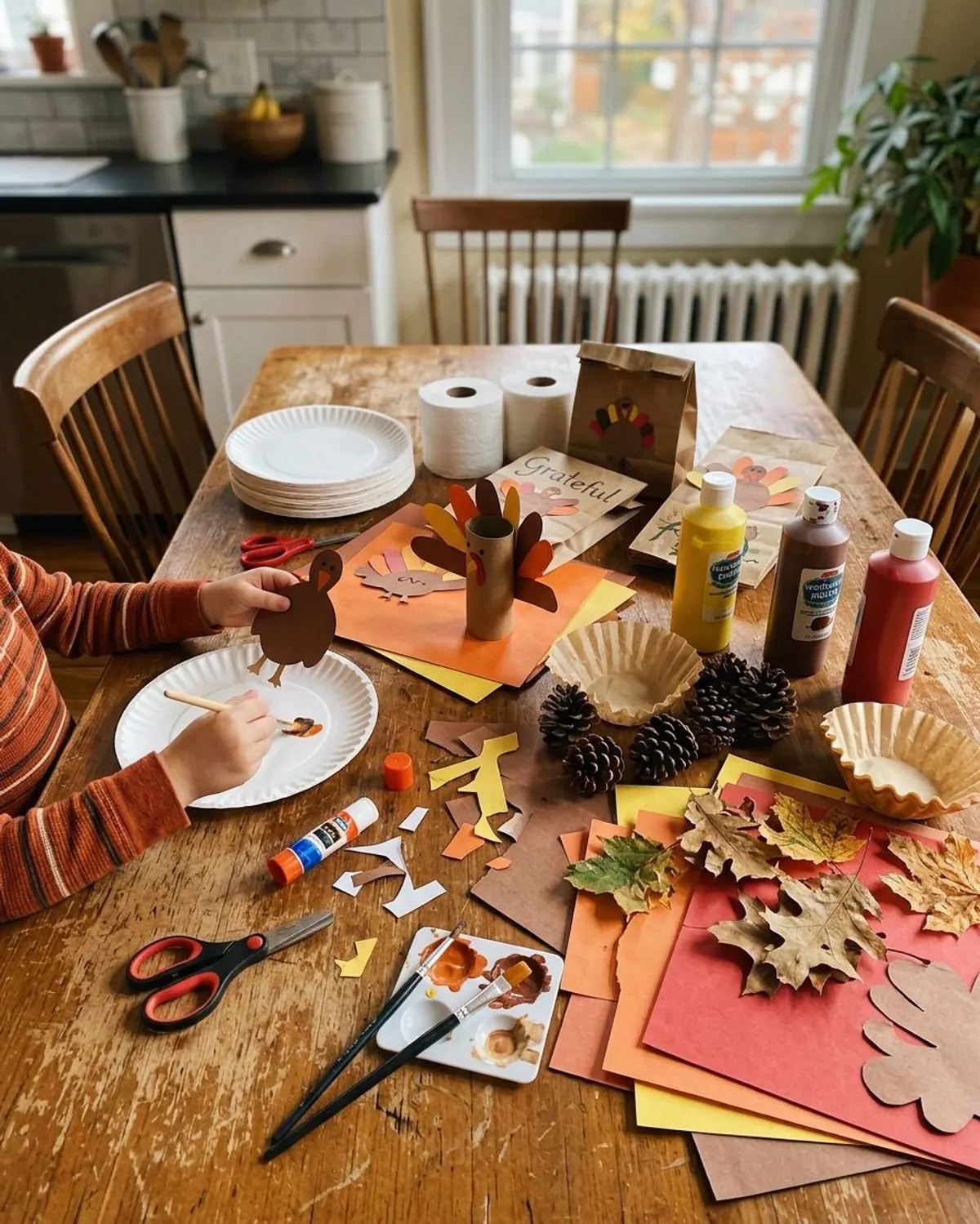 Thanksgiving craft supplies on a wood table: paper plates, toilet paper rolls, paper bags, construction paper, washable paint, glue sticks, kids scissors, pinecones, coffee filters and leaves
