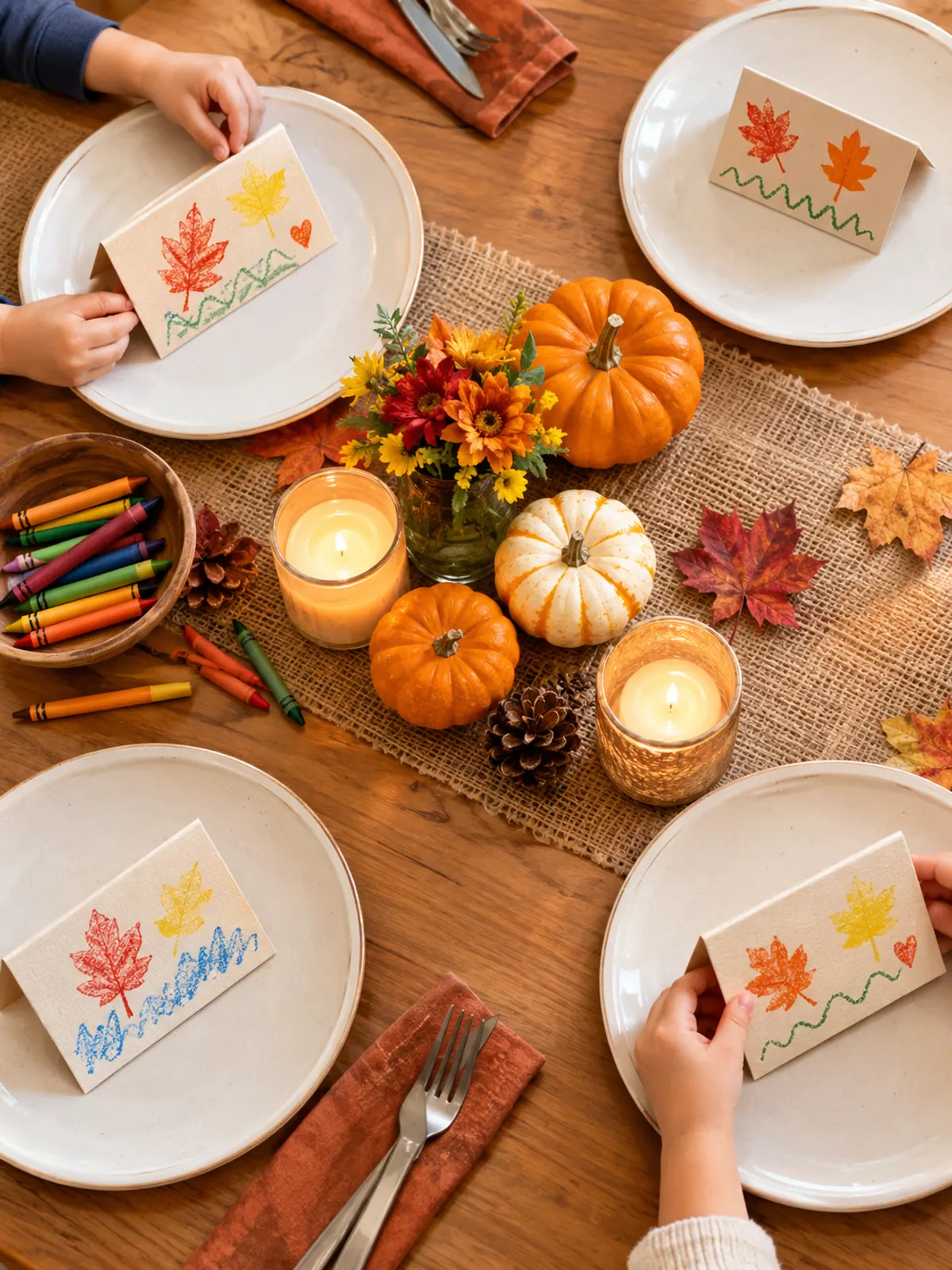 Kid-decorated Thanksgiving place cards with leaf stamps and crayon doodles on plates along a burlap table runner with mini pumpkins