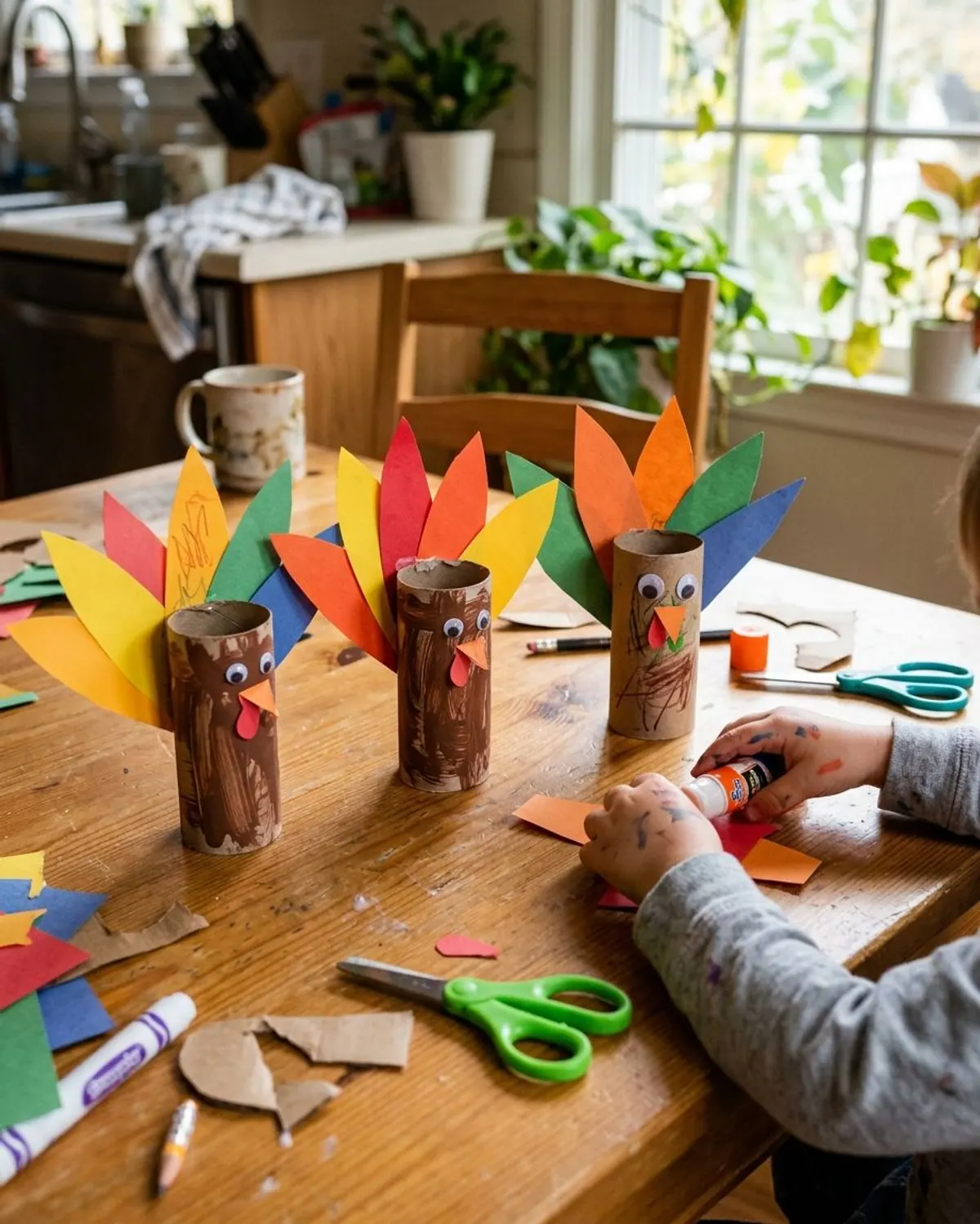 Three kid-made toilet paper roll turkeys painted brown with fanned paper feathers and orange beaks, standing on a wood table